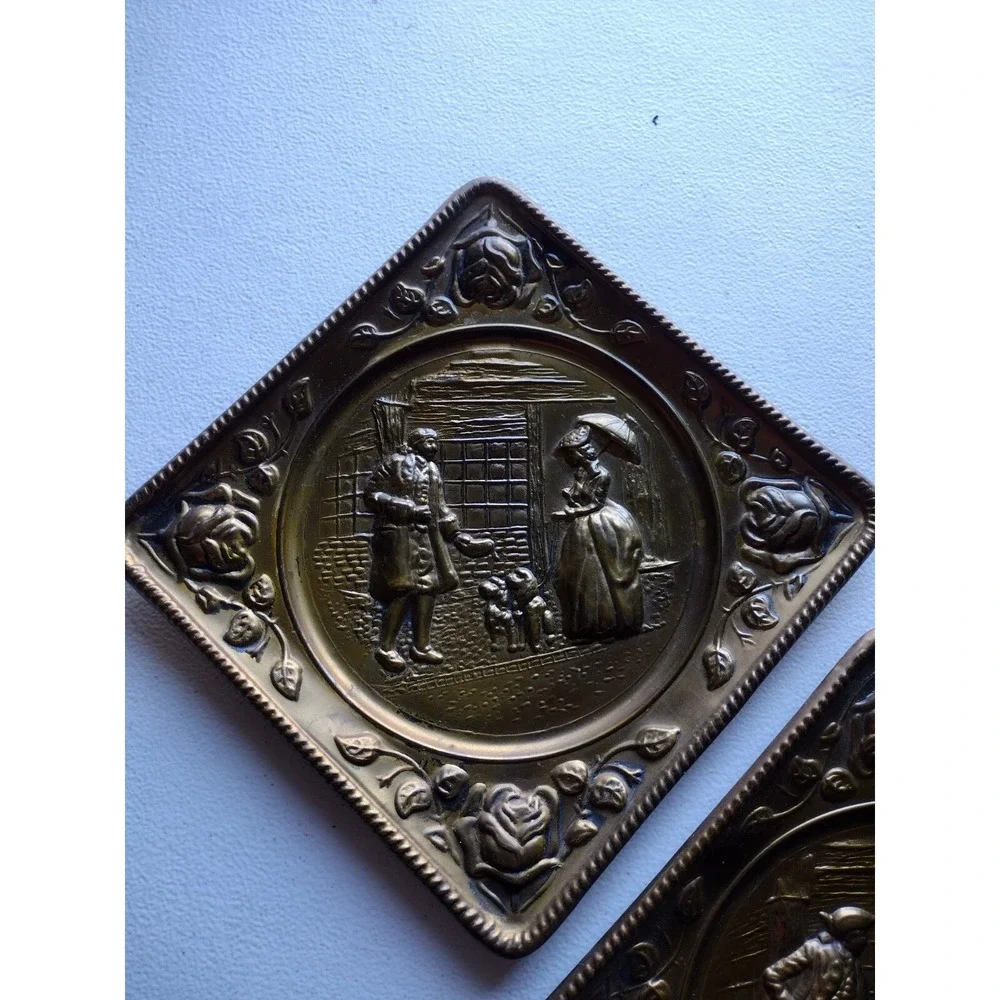 Vintage Elpec England Diamond Shaped Embossed‎ Brass Wall Hanging ×2